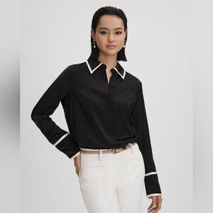 REISS Murphy Contrast Long Sleeve 100% Silk Button Down Blouse